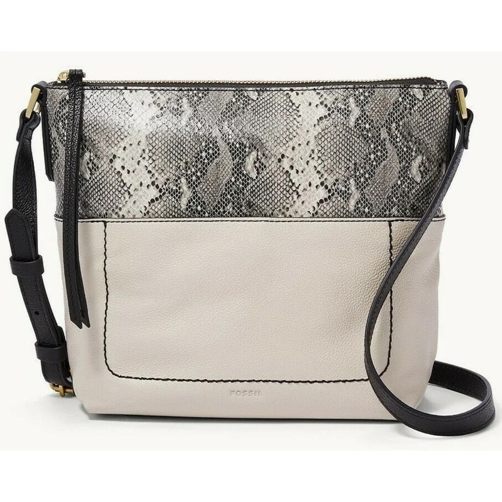 Fossil Women's Two-Tone Python-Accent Crossbody Bag in Cream and Black